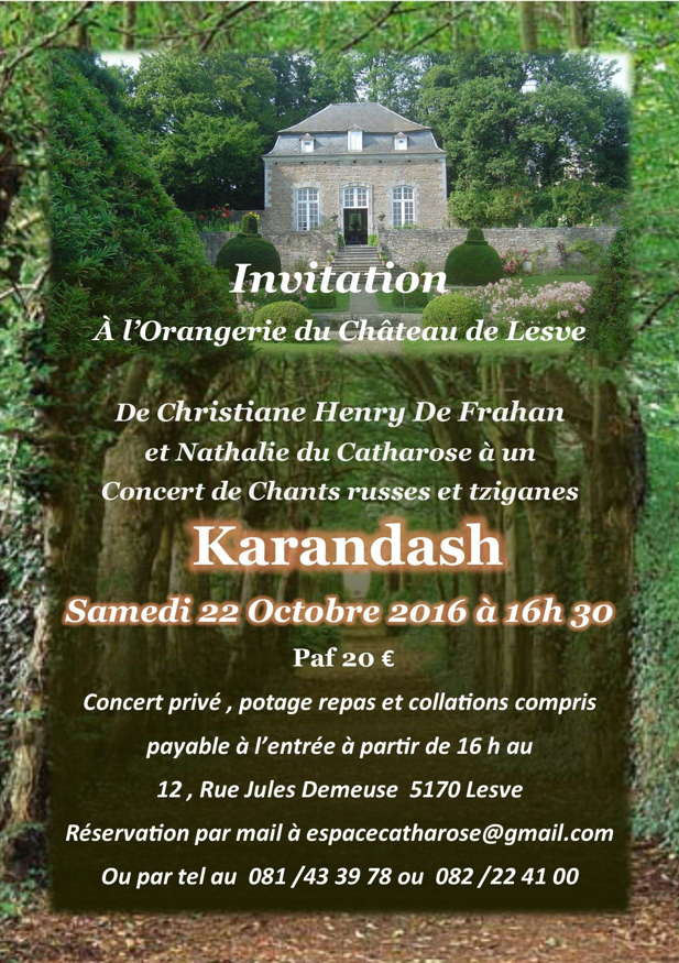Affiche. Château de Lesves. Orangerie. Chants russes et tsiganes Karandash. 2016-10-22